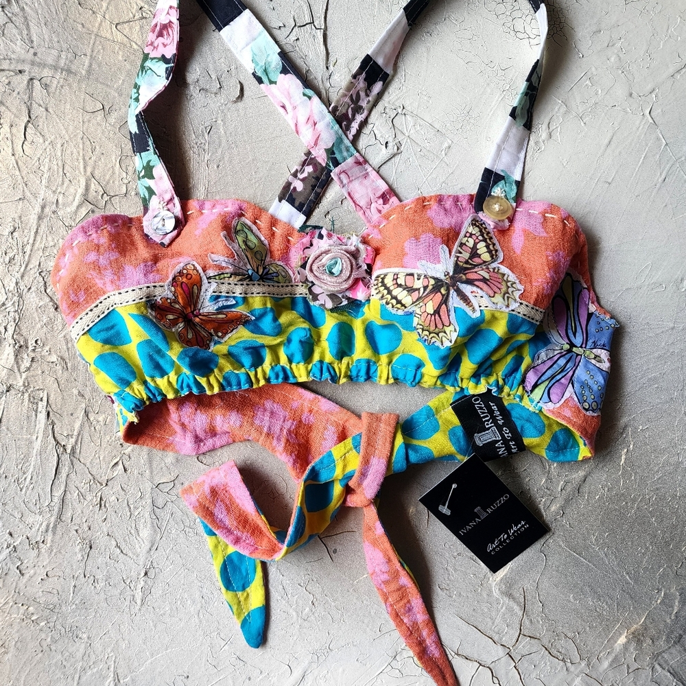 Designer Bralette Shabby Chic Bra Top Pink Magnolia Small Rose Pin Blue Polkadot